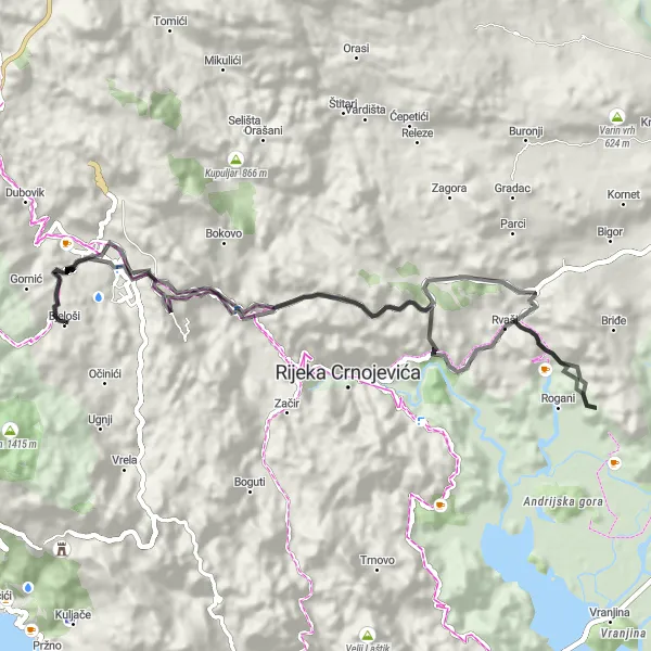 Map miniature of "Cetinje to Cetinje: Cultural Delights and Scenic Beauty" cycling inspiration in Crna Gora, Montenegro. Generated by Tarmacs.app cycling route planner