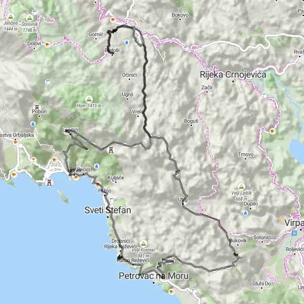 Map miniature of "Road Adventure to Budva" cycling inspiration in Crna Gora, Montenegro. Generated by Tarmacs.app cycling route planner