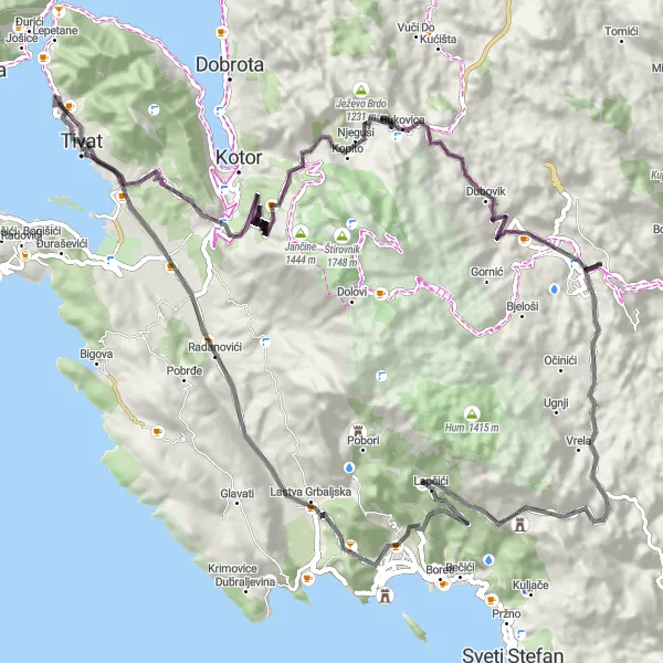 Map miniature of "Cetinje - Budva Scenic Ride" cycling inspiration in Crna Gora, Montenegro. Generated by Tarmacs.app cycling route planner