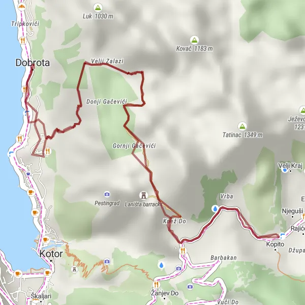 Map miniature of "Dobrota Gravel Route" cycling inspiration in Crna Gora, Montenegro. Generated by Tarmacs.app cycling route planner