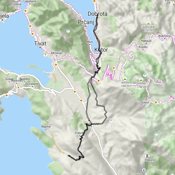 Map miniature of "Scenic Delights of Kotorski zaliv" cycling inspiration in Crna Gora, Montenegro. Generated by Tarmacs.app cycling route planner
