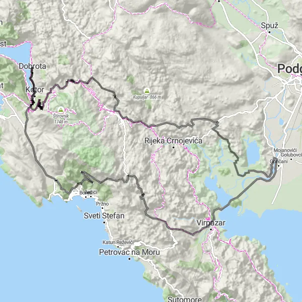 Map miniature of "Discover the Beauty of Kotorski zaliv" cycling inspiration in Crna Gora, Montenegro. Generated by Tarmacs.app cycling route planner