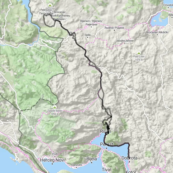 Map miniature of "Road Cycling Adventure: Kotor Bay Loop" cycling inspiration in Crna Gora, Montenegro. Generated by Tarmacs.app cycling route planner