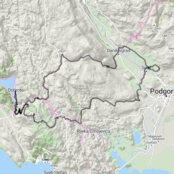Map miniature of "Mountainous Adventure" cycling inspiration in Crna Gora, Montenegro. Generated by Tarmacs.app cycling route planner