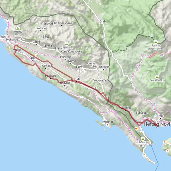 Map miniature of "Herceg Novi to Stupa Circuit" cycling inspiration in Crna Gora, Montenegro. Generated by Tarmacs.app cycling route planner