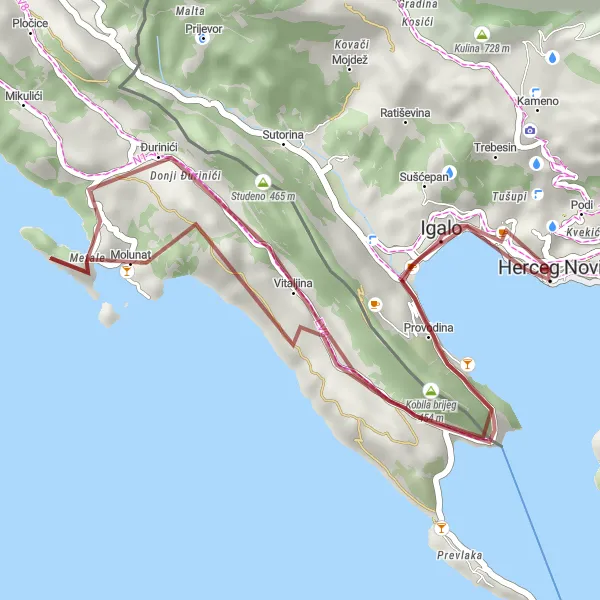 Map miniature of "Gravel Adventure through Kaštid and Molunat" cycling inspiration in Crna Gora, Montenegro. Generated by Tarmacs.app cycling route planner