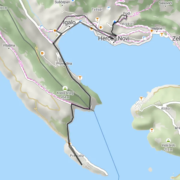 Map miniature of "Scenic Coastal Ride" cycling inspiration in Crna Gora, Montenegro. Generated by Tarmacs.app cycling route planner