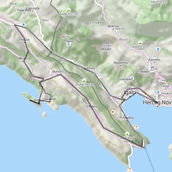 Map miniature of "Herceg Novi Coastal Paradise" cycling inspiration in Crna Gora, Montenegro. Generated by Tarmacs.app cycling route planner