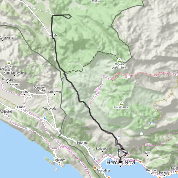Map miniature of "Scenic Cycling Tour through Kameno and Gručalica" cycling inspiration in Crna Gora, Montenegro. Generated by Tarmacs.app cycling route planner