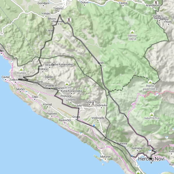 Map miniature of "Herceg Novi to Trebesin Loop" cycling inspiration in Crna Gora, Montenegro. Generated by Tarmacs.app cycling route planner