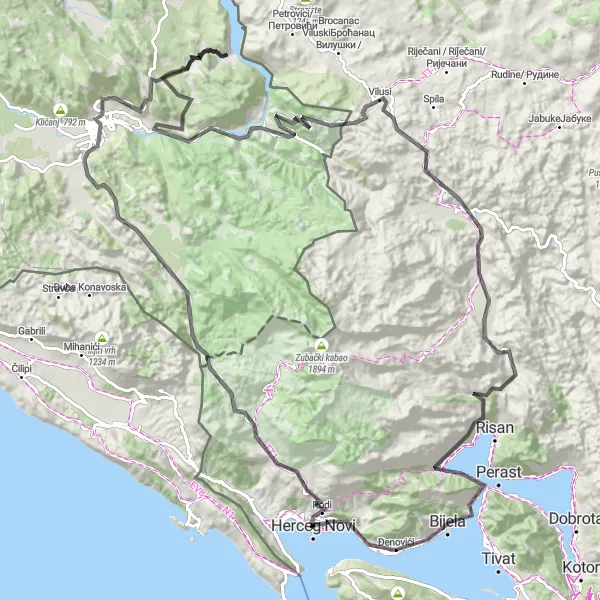 Map miniature of "Bay of Kotor Grand Tour" cycling inspiration in Crna Gora, Montenegro. Generated by Tarmacs.app cycling route planner