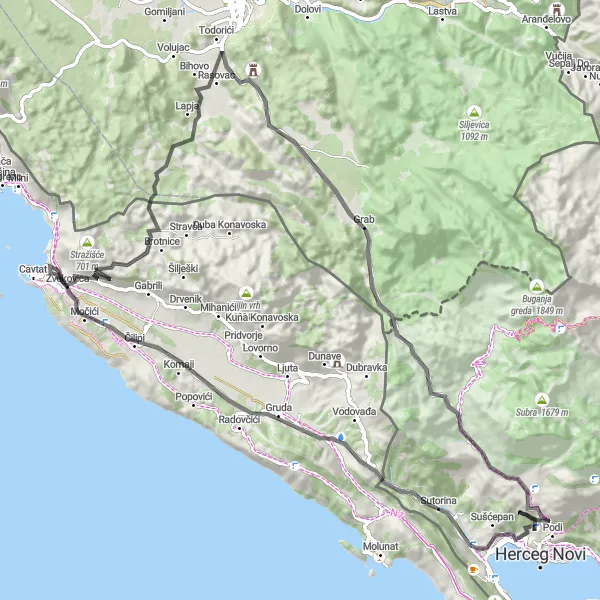 Map miniature of "The Sutorina Challenge" cycling inspiration in Crna Gora, Montenegro. Generated by Tarmacs.app cycling route planner