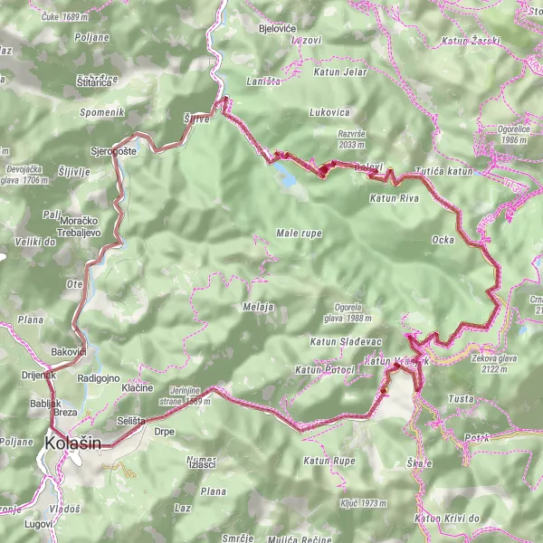 Map miniature of "Kolašin Gravel Adventure" cycling inspiration in Crna Gora, Montenegro. Generated by Tarmacs.app cycling route planner