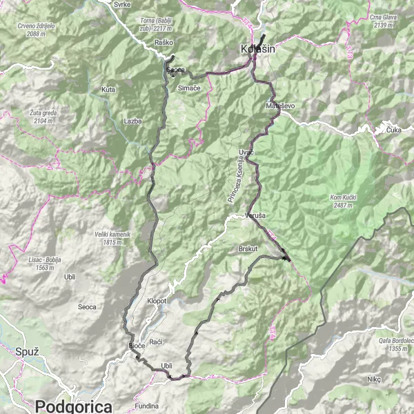 Map miniature of "Kolašin and Bijele Stijene Loop" cycling inspiration in Crna Gora, Montenegro. Generated by Tarmacs.app cycling route planner