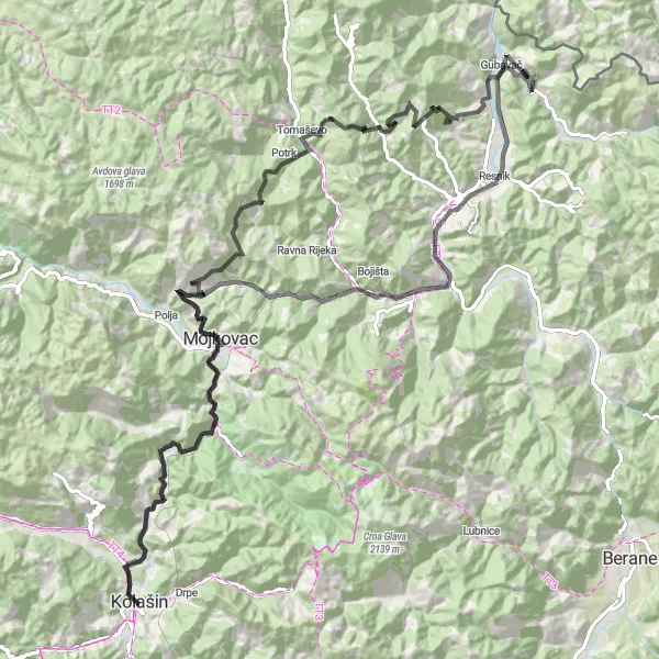 Map miniature of "Kolašin and Kisjelička kosa Loop" cycling inspiration in Crna Gora, Montenegro. Generated by Tarmacs.app cycling route planner