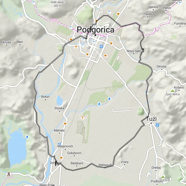 Map miniature of "Podgorica Countryside Road Cycling Route" cycling inspiration in Crna Gora, Montenegro. Generated by Tarmacs.app cycling route planner