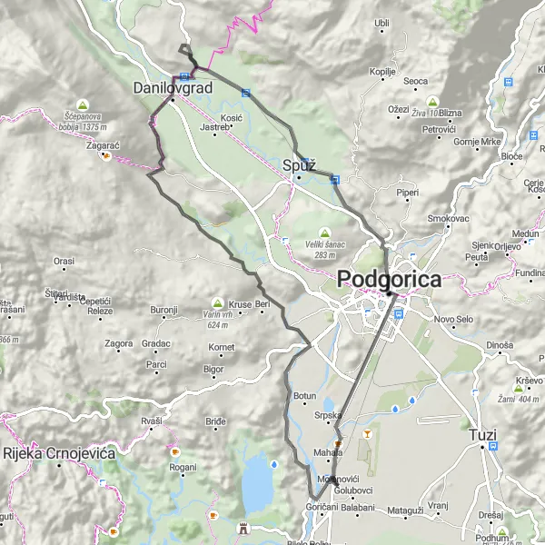Map miniature of "Danilovgrad and Šeljeva glavica Road Route" cycling inspiration in Crna Gora, Montenegro. Generated by Tarmacs.app cycling route planner