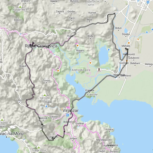 Map miniature of "Lake Skadar Gravel Cycling Route" cycling inspiration in Crna Gora, Montenegro. Generated by Tarmacs.app cycling route planner