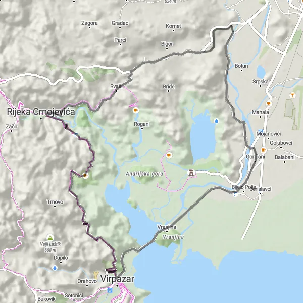 Map miniature of "Exploring Montenegrin Countryside Road Cycling Route" cycling inspiration in Crna Gora, Montenegro. Generated by Tarmacs.app cycling route planner