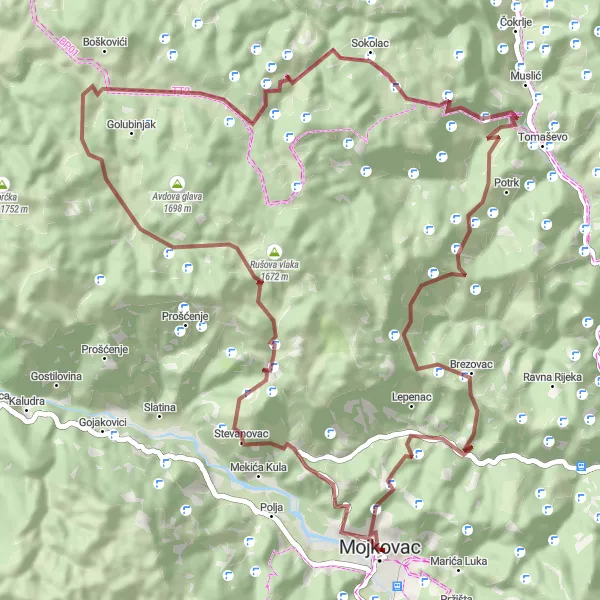 Map miniature of "Mojkovac - Gravel Paradise" cycling inspiration in Crna Gora, Montenegro. Generated by Tarmacs.app cycling route planner