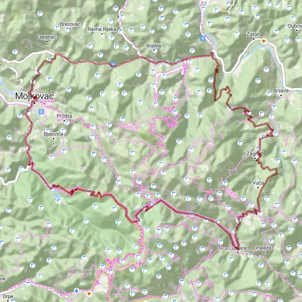 Map miniature of "Mojkovac - Gravel Discovery" cycling inspiration in Crna Gora, Montenegro. Generated by Tarmacs.app cycling route planner