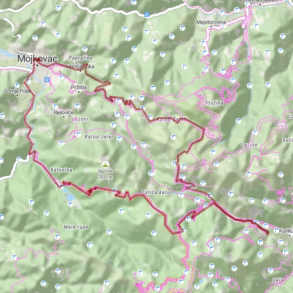 Map miniature of "Mojkovac - Gravel Adventure" cycling inspiration in Crna Gora, Montenegro. Generated by Tarmacs.app cycling route planner