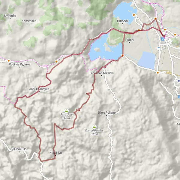 Map miniature of "Gravel Route to Runjeva Glava, Sopot, and Nikšić" cycling inspiration in Crna Gora, Montenegro. Generated by Tarmacs.app cycling route planner