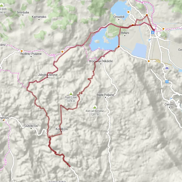 Map miniature of "Challenging Gravel Route to Runjeva Glava, Gradac, Sopot, and Nikšić" cycling inspiration in Crna Gora, Montenegro. Generated by Tarmacs.app cycling route planner
