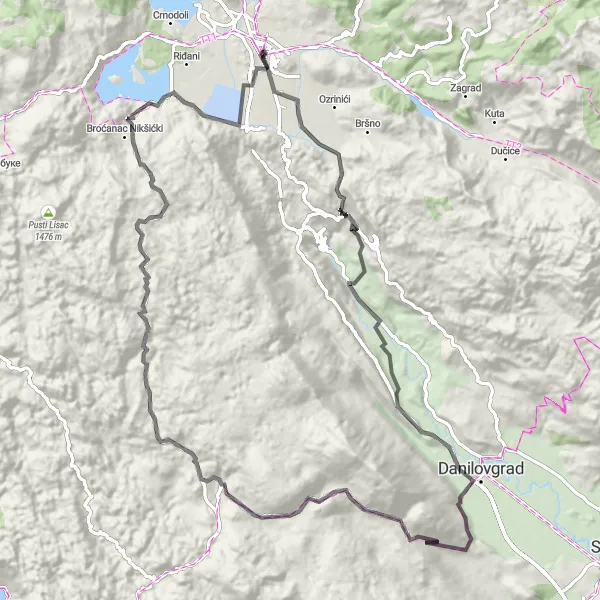 Map miniature of "Challenging Mountain Climb" cycling inspiration in Crna Gora, Montenegro. Generated by Tarmacs.app cycling route planner