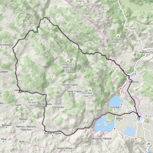 Map miniature of "Road Route to Erakova Gradina, Uzdomir, and Nikšić" cycling inspiration in Crna Gora, Montenegro. Generated by Tarmacs.app cycling route planner