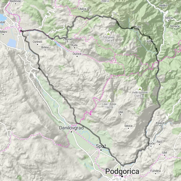 Map miniature of "Road to Mountain Peaks" cycling inspiration in Crna Gora, Montenegro. Generated by Tarmacs.app cycling route planner