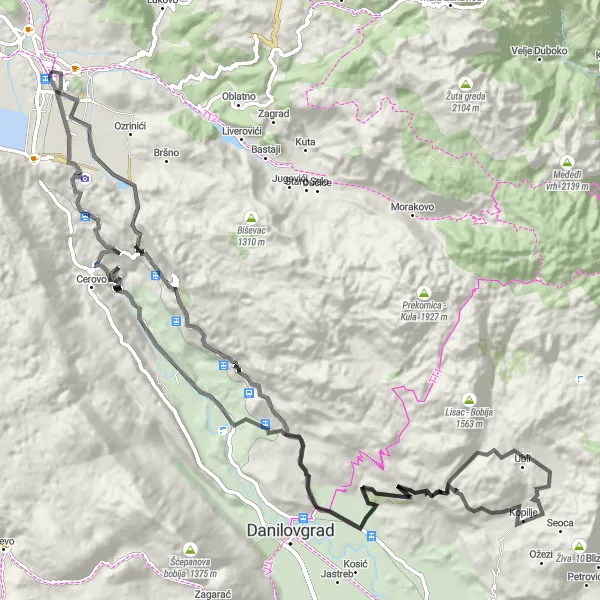 Map miniature of "Challenging Road Route to Čađalica, Emperor's Bridge, Bogetići, Preobraženje, Medna glava, Great View of the Monastery, Trebjesa, and Nikšić" cycling inspiration in Crna Gora, Montenegro. Generated by Tarmacs.app cycling route planner