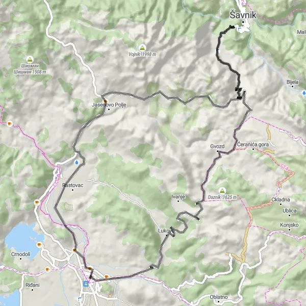 Map miniature of "Road Route to Trebjesa, Oštrajca, Mokro, Uzdomir, and Nikšić" cycling inspiration in Crna Gora, Montenegro. Generated by Tarmacs.app cycling route planner