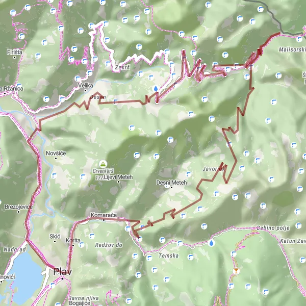 Map miniature of "Gravel Biking to Veliki Skić and back" cycling inspiration in Crna Gora, Montenegro. Generated by Tarmacs.app cycling route planner