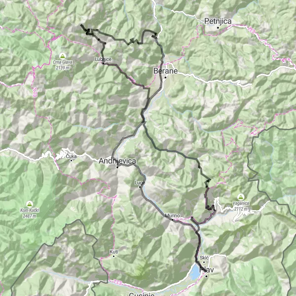 Map miniature of "Challenging Road Cycling Loop with Mountainous Terrain" cycling inspiration in Crna Gora, Montenegro. Generated by Tarmacs.app cycling route planner