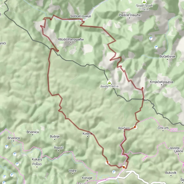 Map miniature of "Rudna brda Gravel Ride" cycling inspiration in Crna Gora, Montenegro. Generated by Tarmacs.app cycling route planner