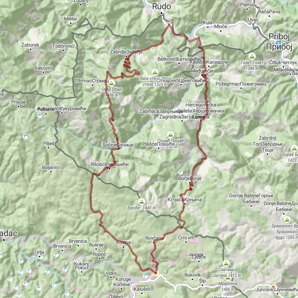 Map miniature of "Ober Gravel Adventure" cycling inspiration in Crna Gora, Montenegro. Generated by Tarmacs.app cycling route planner