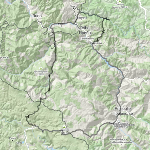 Map miniature of "Road Cycling Route from Pljevlja to Mali Bogiševac" cycling inspiration in Crna Gora, Montenegro. Generated by Tarmacs.app cycling route planner