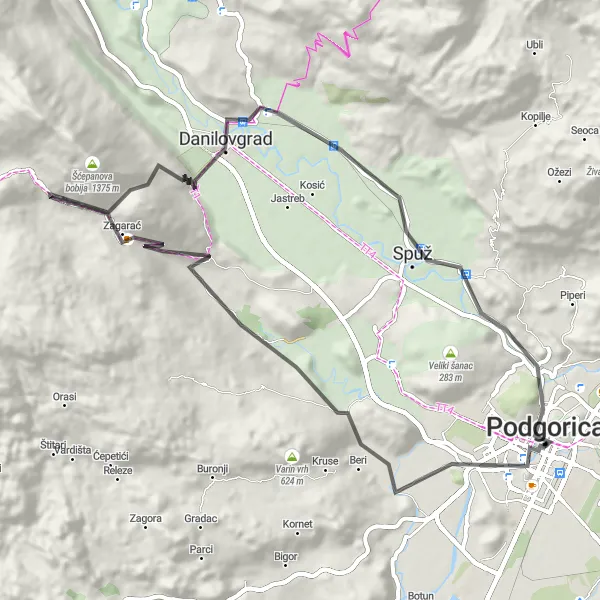 Map miniature of "Podgorica to Dvorac Kralja Nikole Loop" cycling inspiration in Crna Gora, Montenegro. Generated by Tarmacs.app cycling route planner