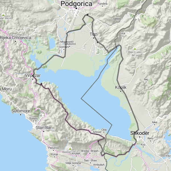 Map miniature of "Podgorica to Rozafa Castle Loop" cycling inspiration in Crna Gora, Montenegro. Generated by Tarmacs.app cycling route planner