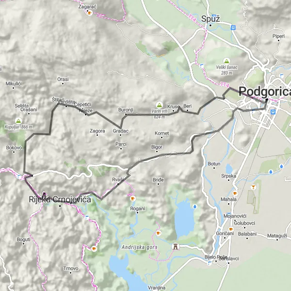 Map miniature of "Podgorica to Rijeka Crnojevića Loop" cycling inspiration in Crna Gora, Montenegro. Generated by Tarmacs.app cycling route planner