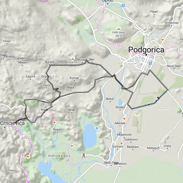 Map miniature of "Podgorica to Tiny Canyon Loop" cycling inspiration in Crna Gora, Montenegro. Generated by Tarmacs.app cycling route planner