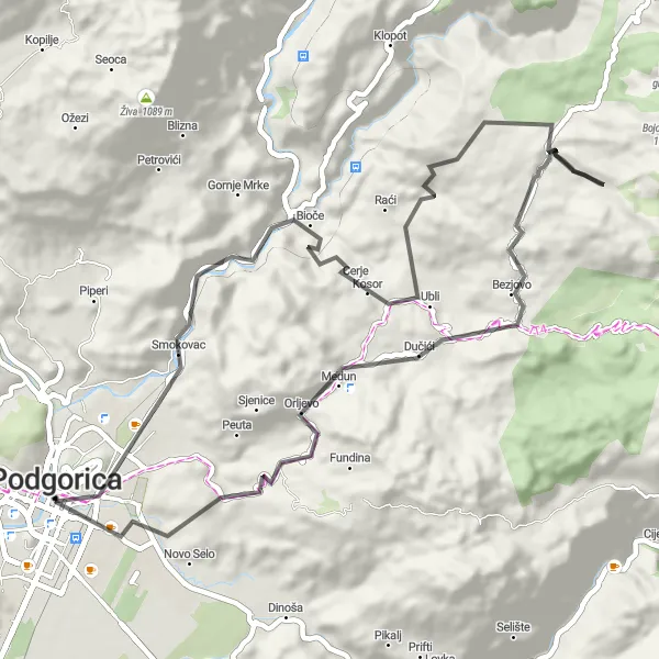 Map miniature of "Morača-Medun Loop" cycling inspiration in Crna Gora, Montenegro. Generated by Tarmacs.app cycling route planner