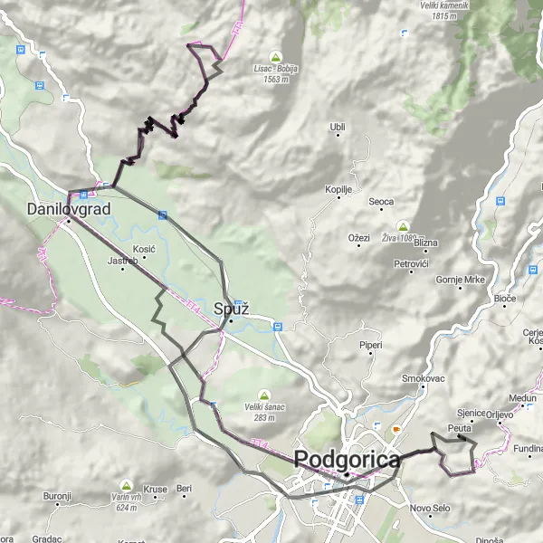 Map miniature of "Scenic Podgorica Loop" cycling inspiration in Crna Gora, Montenegro. Generated by Tarmacs.app cycling route planner