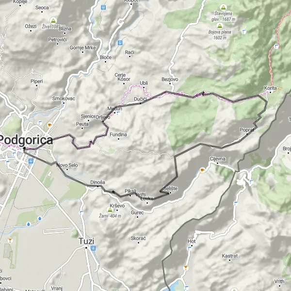 Map miniature of "Morača River Loop" cycling inspiration in Crna Gora, Montenegro. Generated by Tarmacs.app cycling route planner