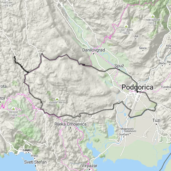 Map miniature of "Cetinje Mountain Loop" cycling inspiration in Crna Gora, Montenegro. Generated by Tarmacs.app cycling route planner