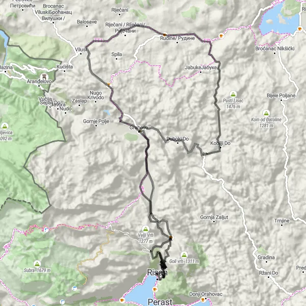Map miniature of "The Hillside Discoveries" cycling inspiration in Crna Gora, Montenegro. Generated by Tarmacs.app cycling route planner