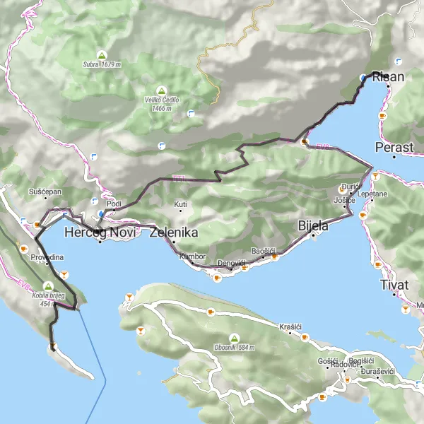 Map miniature of "The Coastal Circuit" cycling inspiration in Crna Gora, Montenegro. Generated by Tarmacs.app cycling route planner