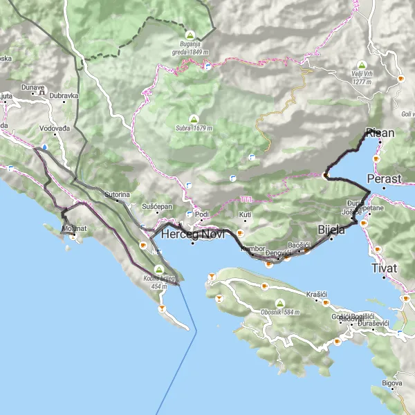 Map miniature of "The Coastal Gems" cycling inspiration in Crna Gora, Montenegro. Generated by Tarmacs.app cycling route planner
