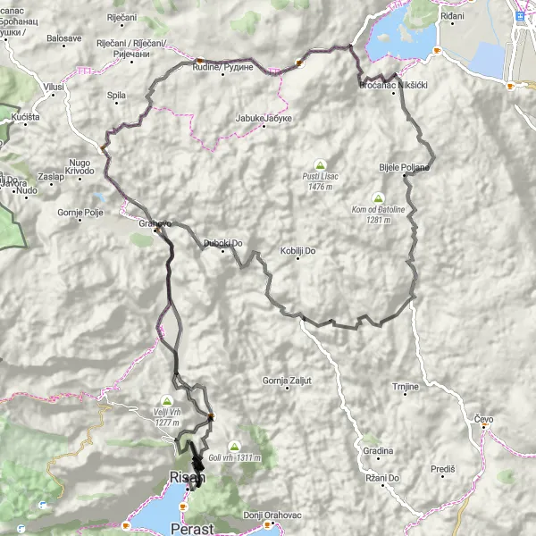 Map miniature of "The Eastward Adventure" cycling inspiration in Crna Gora, Montenegro. Generated by Tarmacs.app cycling route planner